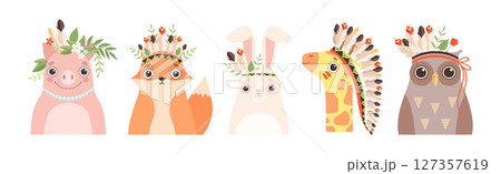 Funny Animal Character with Head Feather Band and Adornment Vector Set Funny Animal Character with Head Feather Band and Adornment Vector Set 127357619