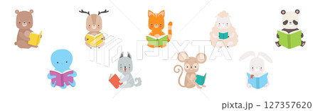 Cute Animals Reading Book in Hard Cover Enjoying Interesting Story Vector Set 127357620