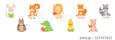 Cute Animals Reading Book in Hard Cover Enjoying Interesting Story Vector Set 127357622