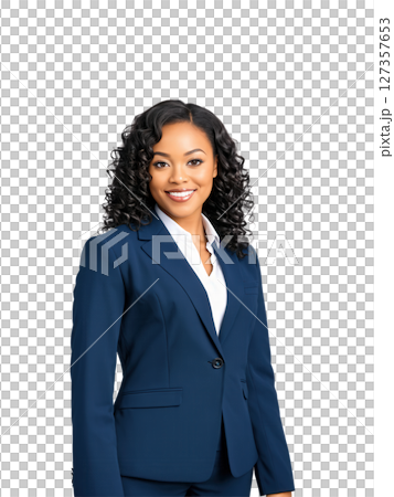 Portrait of a smiling Black woman with medium-length curly hair, wearing a navy blue business jacket. Her approachable and professional 127357653