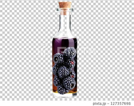 Blackberry Seed Oil (Rubus fruticosus) A clear glass bottle filled with dark amber blackberry seed oil. The oil has a 127357698