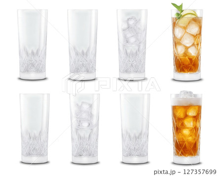 Highball Glasses - Tall, narrow glasses, commonly used for mixed drinks like whiskey sodas or cocktails. 127357699