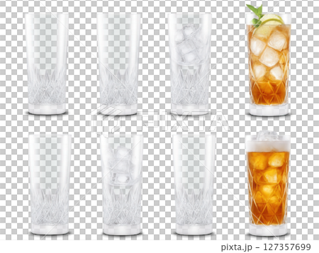 Highball Glasses - Tall, narrow glasses, commonly used for mixed drinks like whiskey sodas or cocktails. 127357699