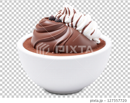 Chocolate Mousse A bowl of silky chocolate mousse with a light, airy texture, topped with a dollop of whipped cream 127357720