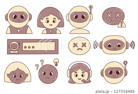 Chatbot, faces, virtual assistant and Human Emotion Icons for AI Interface. Vector icon set showing expressions, tech support, password security. Isolated hand drawing symbols for AI and UX design Chatbot, faces, virtual assistant and Human Emotion Icons for AI Interface. Vector icon set showing expressions, tech support, password security. Isolated hand drawing symbols for AI and UX design 127358488