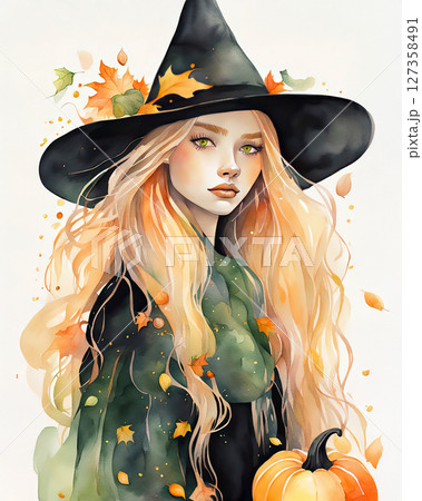 A cute watercolor portrait of witch with long blonde hair, green eyes and black oversized hat decorated with small pumpkins on it. 127358491