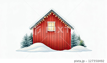 A cozy red Scandinavian wooden cabin with vertical planks and a small window, decorated with glowing fairy lights along the roof 127358492