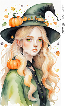 A cute watercolor portrait of witch with long blonde hair, green eyes and black oversized hat decorated with small pumpkins on it. 127358493