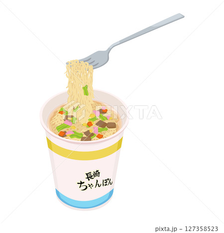 長崎ちゃんぽんのカップ麺をフォークで食べるイラスト 127358523