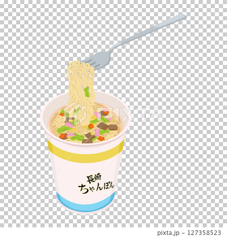 長崎ちゃんぽんのカップ麺をフォークで食べるイラスト 127358523