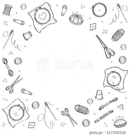 Set of elements for cross-stitch. Doodle icons of sewing tools for needlework. Design background. 127358526