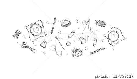 Set of elements for cross-stitch. Doodle icons of sewing tools for needlework. Design background. Set of elements for cross-stitch. Doodle icons of sewing tools for needlework. Design background. 127358527
