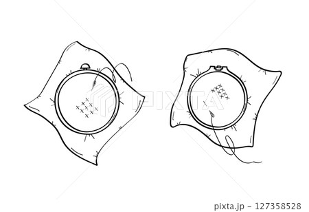 Cross-stitch embroidery hoop and canvas. Vector doodle illustration. Print for design. Isolate on a white background. Cross-stitch embroidery hoop and canvas. Vector doodle illustration. Print for design. Isolate on a white background. 127358528