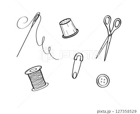 A set of items for sewing and needlework. Doodle icons scissors, needle holder, spool of thread, pin. Vector illustration on a white background. A set of items for sewing and needlework. Doodle icons scissors, needle holder, spool of thread, pin. Vector illustration on a white background. 127358529