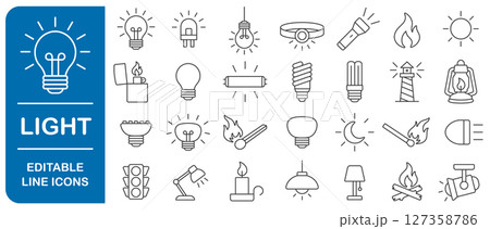 Light editable stroke line icon symbol set. Light bulb, lamp, flashlight, LED, lantern, spotlight, campfire and lighter icons sign. Vector illustration image. Isolated on white background. Light editable stroke line icon symbol set. Light bulb, lamp, flashlight, LED, lantern, spotlight, campfire and lighter icons sign. Vector illustration image. Isolated on white background. 127358786