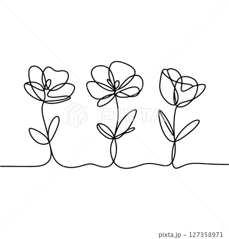 Continuous Botanical Line Trio. A seamless trio of abstract flowers connected by one continuous line. Continuous Botanical Line Trio. A seamless trio of abstract flowers connected by one continuous line. 127358971