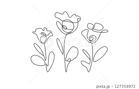 Abstract Flower Line Sketch. A set of three whimsical abstract flowers drawn with playful continuous lines. 127358972