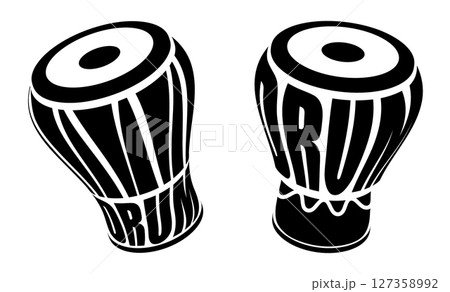 Emblem of musical African djembe drum musical instrument school. Learning to play African tribal percussion instruments. simple black and white vector isolated on white background 127358992