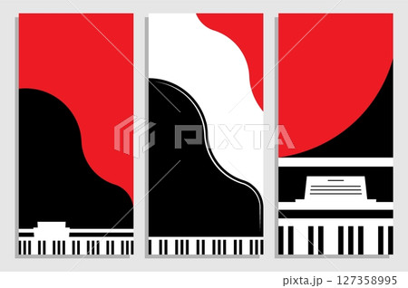 Set of vertical flyers with concert piano royal top view. Pianist place under spotlights. Templates for party invitation, banners, brochures print. Black, red and white minimalistic vector 127358995