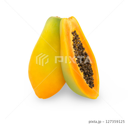 Fresh ripe papaya fruit and a half isolated. Two vertical papayas. 127359125