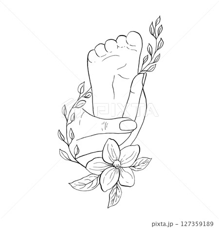 Vector illustration. Parent holding in the hands feet of newborn baby. Hand painted linear contour delicate twig with leaves, flower. Graphic clipart isolated. Botanical, tattoo sketch. For designers 127359189