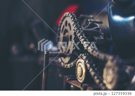 Mechanic tools engineering equipment car auto repair shop with copy space. Blurred background mechanical service. Heavy screw grungy rusted wrenches dirty screwdriver object. Industrial hardware set 127359336