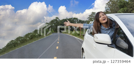 Happy asian women drive new car. Women Hand give remote control car key to man rental car service. Close up hands young woman showing new car key. Women driver giving car rental service smiling face Happy asian women drive new car. Women Hand give remote control car key to man rental car service. Close up hands young woman showing new car key. Women driver giving car rental service smiling face 127359464