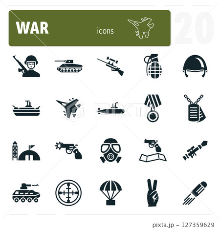 Military operation icons set featuring weapons and soldiers fighting 127359629