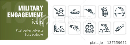 Set of military engagement icons featuring weapons and soldier equipment 127359631