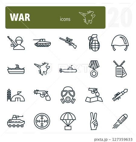 Set of 20 military and war icons featuring weapons, vehicles, and equipment Set of 20 military and war icons featuring weapons, vehicles, and equipment 127359633