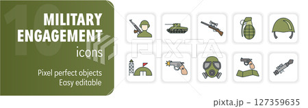 Set of military engagement icons featuring weapons and soldier 127359635