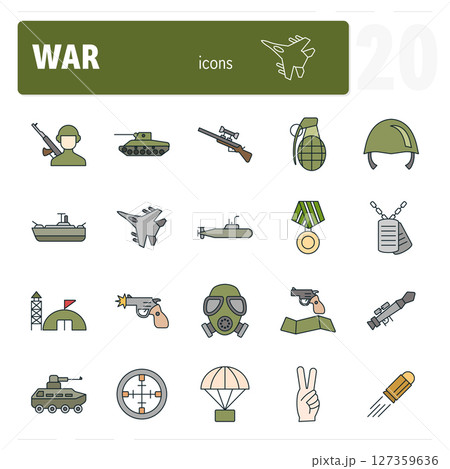 Set of twenty military and war filled line style icons describing army power 127359636