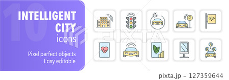 Intelligent city icon set featuring various smart city technologies and solutions 127359644