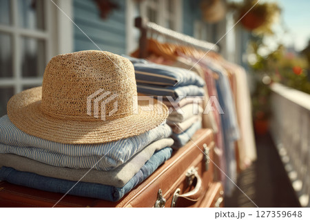 Folded summer clothes and hat stacked on vintage suitcase 127359648