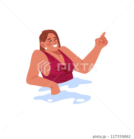 Woman relaxing in water. Vector jacuzzi and swimming pool zone element. Floating lady. Leisure and relaxation, resort and spa bathing. Hydrotherapy and vacation rest, hot tub recreation. Floatation. 127359862