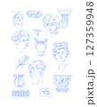 Set of hand-drawn vector line art depicting ancient Greek and Roman sculptures, columns, and ornamental details in blue outline.  127359948