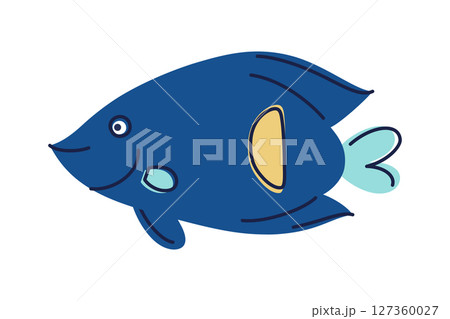 Colorful vector illustration of blue angelfish with yellow crescent spot near tail. Flat cartoon tropical marine fish for underwater themes, childrens materials, ocean life, decor, aquariums icon 127360027