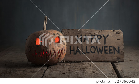 恐ろしい表情の腐敗ハロウィンかぼちゃと古い木製看板 | ダークホラー 127360042