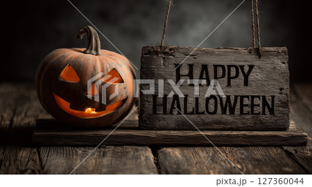 重厚なヴィンテージ木材とハロウィンランタンの組合せ | アンティーク調 127360044