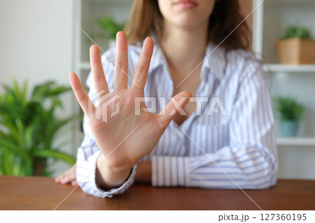 Woman hand at home gesturing number five Woman hand at home gesturing number five 127360195