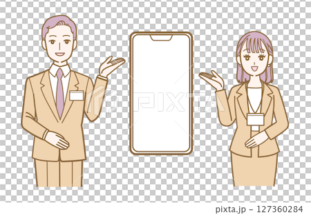 A man and a woman giving directions with a smartphone 127360284