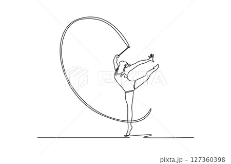 Continuous one line drawing talented teen girl rhythmic gymnast performing with ribbon, artistic dancing. Sports, beauty, grace, competition, art. Single line draw design vector graphic illustration 127360398