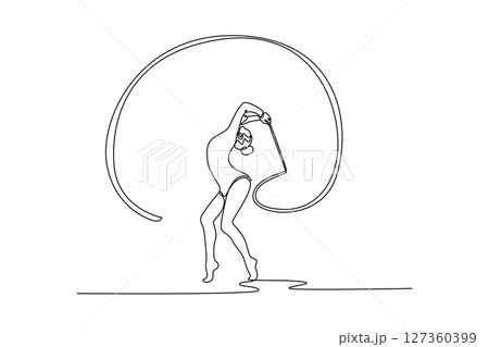 Continuous one line drawing of elegant female gymnast in stunning backbend, skillfully twirling ribbon. Capturing grace, flexibility, and precision. Single line draw design vector graphic illustration 127360399