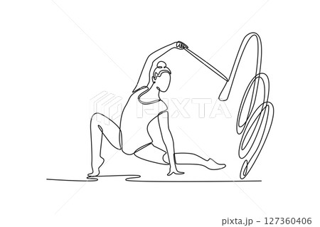 Continuous one line drawing young girl rhythmic gymnast practice with ribbon. Female movement, flexible dancing athlete. Action sports competition. Single line draw design vector graphic illustration Continuous one line drawing young girl rhythmic gymnast practice with ribbon. Female movement, flexible dancing athlete. Action sports competition. Single line draw design vector graphic illustration 127360406