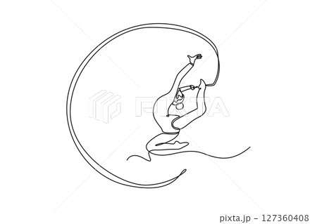 Continuous one line drawing flexible graceful athlete rhythmic gymnastic artist dancing with ribbon. Sport, beauty, grace, competition, art, youth. Single line draw design vector graphic illustration 127360408