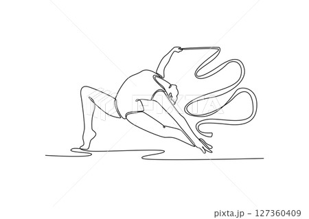 Continuous one line drawing female gymnast gracefully maneuvering ribbon, her artistic flair and precision in an enthralling gymnastics performance. Single line draw design vector graphic illustration 127360409