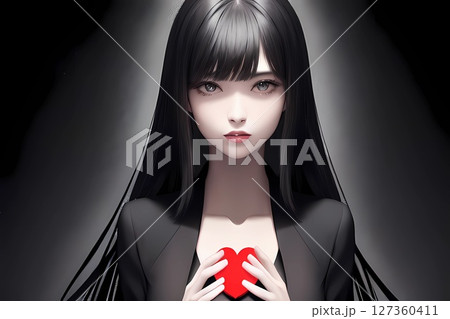 ホラー的ハートを持ちこちらをじっと見る黒髪長髪の女の子 127360411