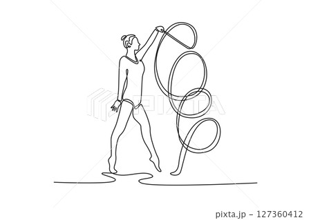 Single continuous line drawing professional young athlete exercising with ribbon. Gymnastics and acrobatics. Sports, beauty, competition, flexibility. One line draw graphic design vector illustration 127360412
