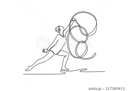 Continuous one line drawing rhythmic gymnast girl training with ribbon in the gym. Grace in motion, action, sport. Exercises for healthy lifestyle. Single line draw design vector graphic illustration 127360413