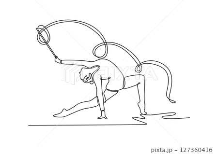 Continuous one line drawing charming artistic gymnast dancing with ribbon. Female gymnast, creativity, art with dancing routine and energy at arena. Single line draw design vector graphic illustration 127360416